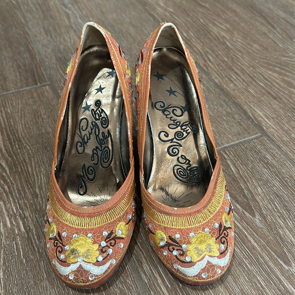 Orange beaded embroidered heels